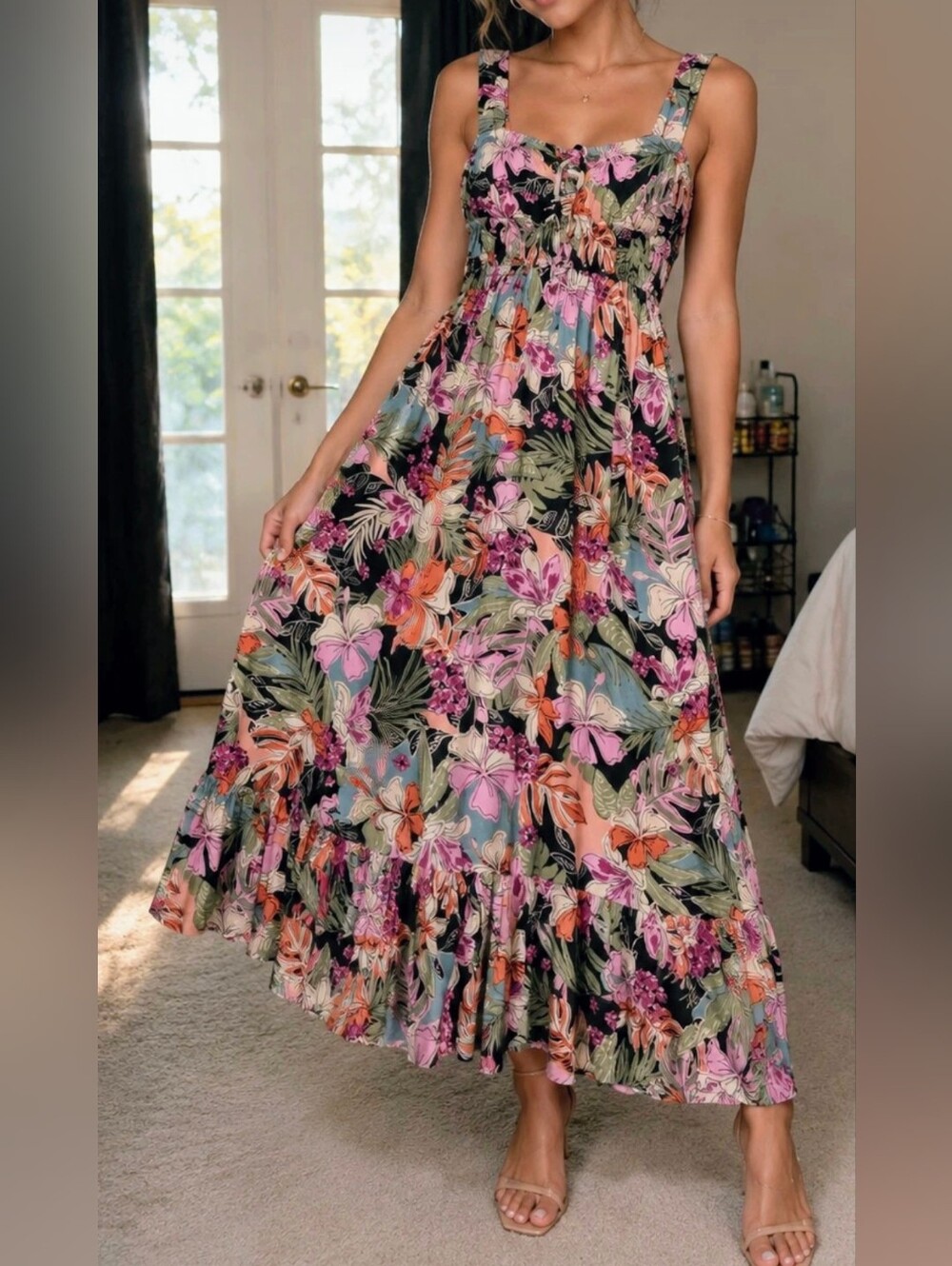 Roxy Black Floral Maxi Skirt with Pink & Orange Blooms